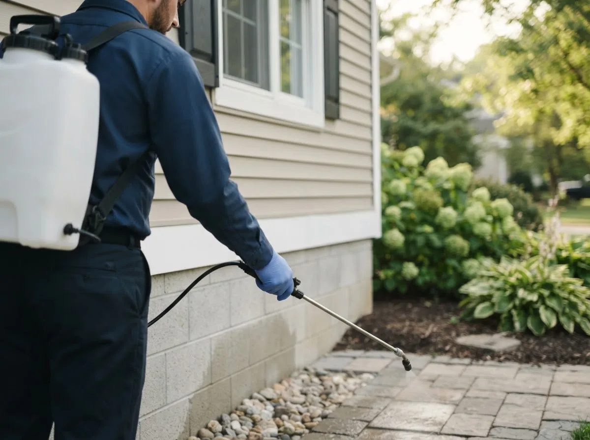 Pest control technician inspecting a home in Harmony, ME